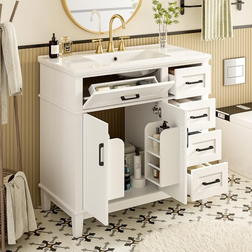 Kelodan Mueble de baño 90 x 46 x 87 cm, lacado blanco, silencioso, tirador plegable, estante para puerta de armario doble, patas de madera maciza, mango negro, lavabo de cerámica integrado