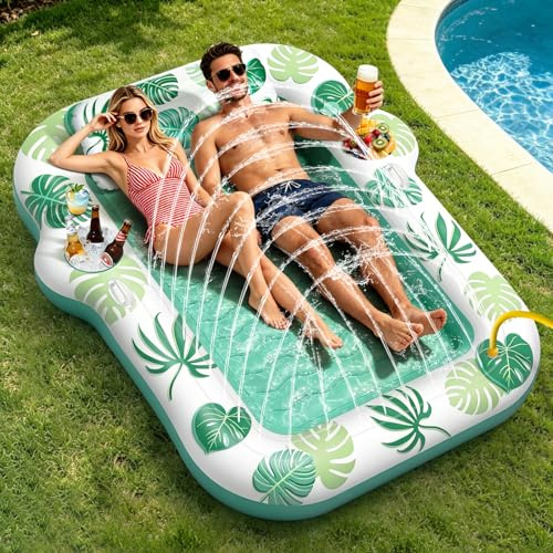 JONRRYIN Luftmatratze Pool für Erwachsene, Tanning Pool 225x190cm mit Sprühfunktion & Getränkehaltern, Aufblasbare Schwimminsel Schwimmmatratze Schwimmliege Pool Matratze für Wasser & Strand