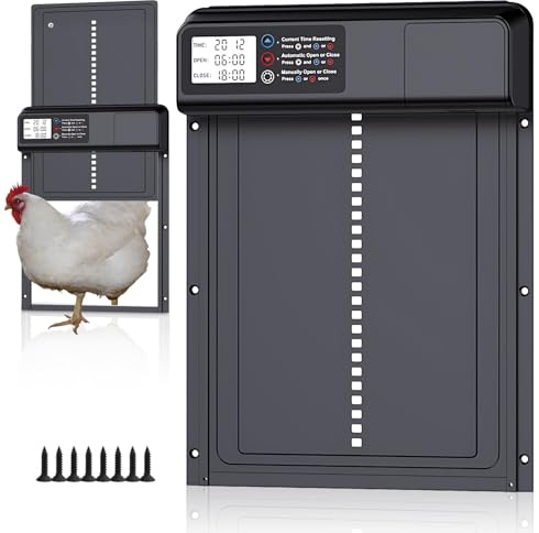 ZVD Verbessert Aluminum Automatische Hühnerklappe, Elektrische Hühnerklappe mit Lichtsensor,Timer,Manuelle Automatisch Hühnertür mit Wasserdicht Großes Display, Intelligenter Einklemmschutz (B)