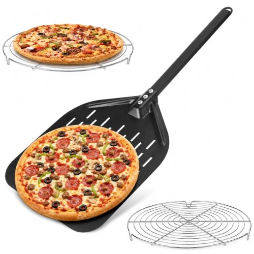 Pizza Peel Set with Cooling Rack, Diameter 12 Inch Cooling Rack for Extra Crisp, 74 x 30 x 30 cm Pizza Shovel, Perforated Pizza Server with Comfortable Handles, for Homemade Pizza