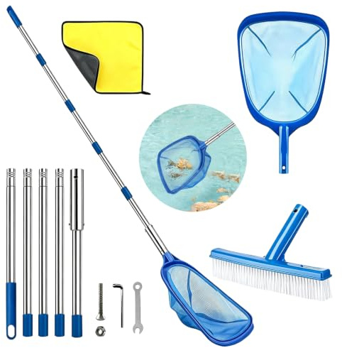 Red de red para piscina con barra telescópica, red fina para estanque, red de piscina con cepillo para piscina, recogehojas para piscina, juego de limpieza para piscina, spa, estanque, jacuzzi
