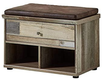 Bonanza Vintage Schuhbank mit Sitzfläche in Driftwood Optik - bequeme Retro Sitzbank mit Stauraum für Ihren Flur - 67 x 47 x 40 cm (B/H/T)