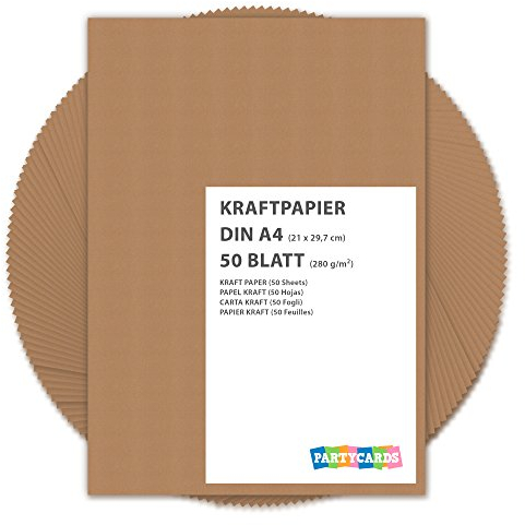 Partycards Kraftpapier braun 280 g/m² – Naturkarton in hochwertiger Qualität als Bastelpapier, Kartonpapier, Fotokarton, Hochzeitskarten (DIN A4, 50 Blatt)