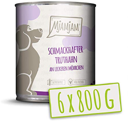 MjAMjAM - Premium Nassfutter für Hunde - schmackhafter Truthahn an leckeren Möhrchen, 6er Pack (6 x 800 g), getreidefrei mit extra viel Fleisch