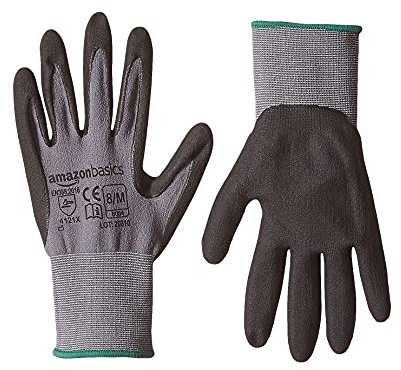 Amazon Basics Micro-Foam Nitrile Coated Safety Work Gloves, Nylon Liner Fiber, Touch Screen Compatible, Grey, Size 8, Medium, 6-Pack