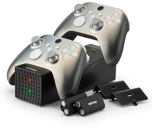 NITHO Cargador con 2 Baterías Recargables para Mando Xbox Series X/S, Xbox One S/X/Elite, Estación de Carga Rápida con 2 x 3000mWh Pilas y 2 Tapas de Batería, Indicador Led - Negro