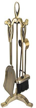 ADGO ANTIK Set Cassetta Degli Attrezzi Set da Camino per Caminetto Camino 5 pezzi: Supporto, Attizzatoio, Spazzola, Pala, Pinze, Metallo Forgiato Antico Retrò, Colore Oro Lucido, 1 pezzo