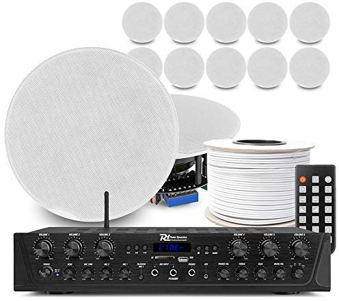Power Dynamics Bluetooth Ceiling Speaker System, 6-Zone Amplifier & 12x FCS6 6.5 Integrated Speakers, Multiroom Audio Kit for Home, Shop, Restaurant, Office (600W)