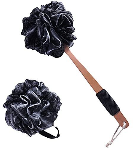 LIMEOW 2 Stück Duschbürste, Rücken Duschschwamm, Rückenbürste Dusche, Luffa Schwamm, Badeschwamm für das Peeling und die Reinigung der Haut, Peeling-Schwammbürste für Körper und Rücken (Schwarz)