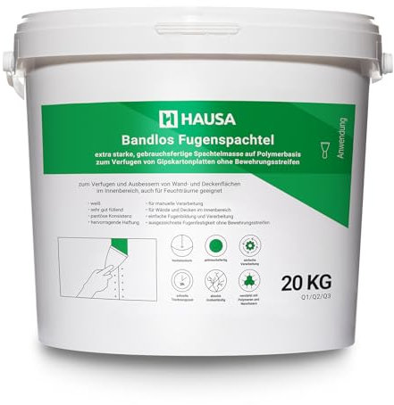 Reparatur Spachtelmasse extra starke Fertigspachtel Verfugen von Gipskartonplatten ohne Verstärkungsstreifen für Wände Decken im Innenbereich Rissfüller Trockenbau Fugenspachtel weiß 20kg HAUSA