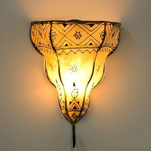 260260 Lampe murale orientale d'intérieur en forme de cloche en cuir Blanc 33 cm Lampe au henné marocain Lampe vintage Armature en fer Abat-jour en cuir Orient Lampe en cuir fait main