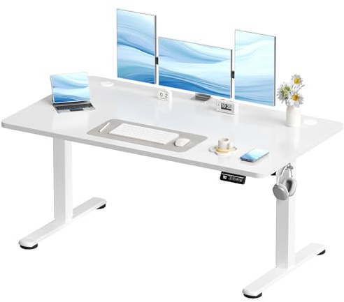 Devoko 140x60 cm Scrivania Regolabile in Altezza, Elettrica per Lavoro in Piedi, Uso in ufficio e a casa, Standing Desk Scrivania Studio in Casa con Piano Assemblato, Bianco