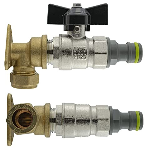 Oudoor Garden 15mm Copper Pipe Compression Wall/Back Plate +Metal Butterfly Valve+Click Hose Connection