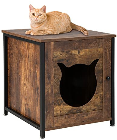 COSTWAY Katzenschrank Katzenklo Schrank, Katzentoilette mit Tür & Eingang, Katzenhaus Beistelltisch Holz, Katzenhöhle für kleine und mittlere Katzen, vintagebraun, 50 x 53 x 55 cm (1 Pack)