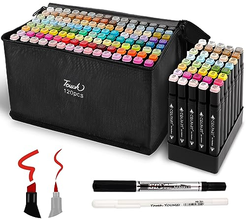 colpart120+2Farben Alkohol Marker Brush Tip Set Filzstifte Permanenter für Manga, Design, Malerei, Zeichnung, Twin Marker Stifte zum Zeichnen und Malen für Erwachsene