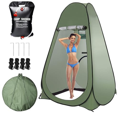 Petgin Pop Up Tent Upgrade Privacy Camping Shower Tent Portable Outdoor Sun Shelter for Outdoor Bathing Toilet Camping Biking Hiking Beach-Army Green,with 5.3 Gallon Shower Bag