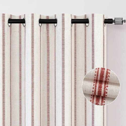 DriftAway Farmhouse Linen Blend Blackout Curtains 96 Inches Long for Bedroom Vertical Striped Printed Linen Curtains Thermal Insulated Lined Treatments for Living Room 2 Panels W52 x L96 Red