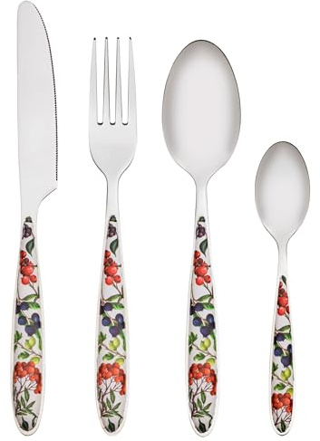 Baroni Home 24 Couverts en Acier Inoxydable, Couverts avec Manche en Résine pour 6 Personnes, Lavable au Lave-vaisselle, Fourchette, Couteau, Cuillère, Cuillère à Café ou Dessert, Fantaisie Baies