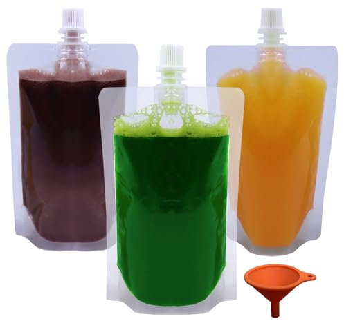 Yelinosk 20Pack Clear Drink Pouches 500ml with caps and Funnel for Festivals,Leak Proof Alcohol Juice Liquid Pouches Bags, Beverage Bags, Plastic Hip Flask for Parties, Picnic, Travel, Sports