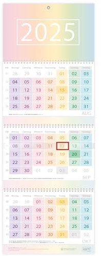 Häfft® 3-Monatskalender 2025 Wandkalender mit Datumsschieber Rainbow Bürokalender, Office-Kalender, Wandplaner mit Ferienterminen & Jahresübersicht - nachhaltig & klimafreundlich
