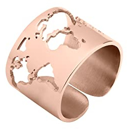 WearTravelers Anello con Mappa del Mondo Completa - Anello a Fascia a forma di Mondo in Acciaio - Speciale Idea Regalo per Viaggiatori e per chi Ama Viaggiare - Modello Madrid (Oro Rosa)
