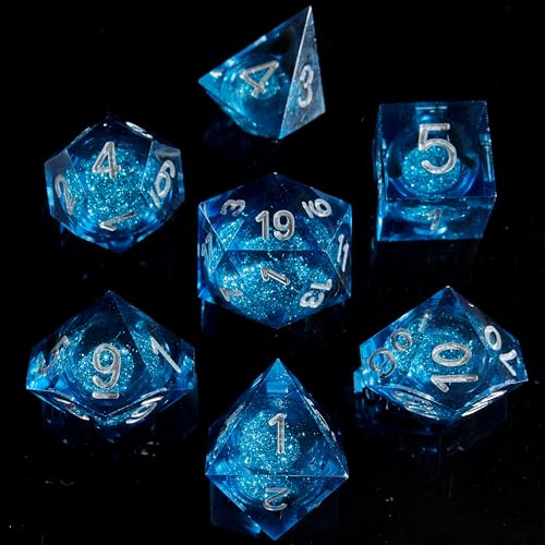 Fugacity DND-Würfel-Set, flüssiger Kern, handgefertigt, scharfe Kanten, polyedrisches Würfel-Set, Dungeons and Dragons, D&D-Würfel-Set mit Geschenkwürfeletui für RPG, MTG-Tischspiele, 7-teilig, Blauer