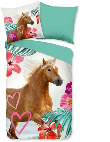 Generisch Bettbezug Set 135x200cm Pferd Bettwäsche Set Pflanze Blume Braunes Pferd Kinder 3 Teilig Mikrofaser Wendebettwäsche Bettdeckenbezug Mit Reißverschluss und 2 Kissenbezug 80x80cm