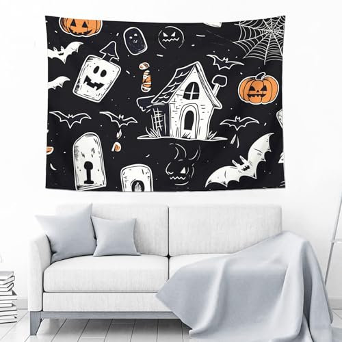 Wandteppich Mit Cartoon-Kürbis-Halloween,Wandteppiche Mit Kinderthema,Wandbehänge,Holzhaus,Halloween-Fotografie,Party-Dekoration,Hintergrund,Wandbild,Wanddekoration,Schwarz,A,180 × 230 Cm (71 X 90