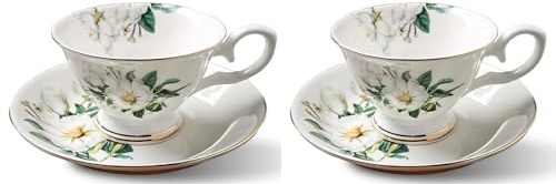 Kaffeetassen mit Untertassen, Cappuccino Tasse Blumen Kaffeebecher Dünnes Porzellan Coffee Cup, 175ML Knochenporzellan Teetassen Mokkatassen Aesthetic Espresso Tassen Set für Frauen, 2 Stück (B)