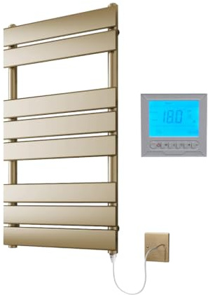 Richmond Brushed Brass Electric Heated Towel Rail 400mm W x 800mm + Timer | Includes 7 Day Timer/Thermostat, Flat Panel, Bathroom Towel Radiator, Wall Mounted