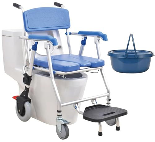 GHCCDAM Klappbarer Toilettenstuhl mit Rollen, Faltbar Wc Duschstuhl Toilettenrollstuhl mit Bettpfanne und Größere und Breitere Rückenlehne,Toilettenstuhl für Senioren mit Rollen