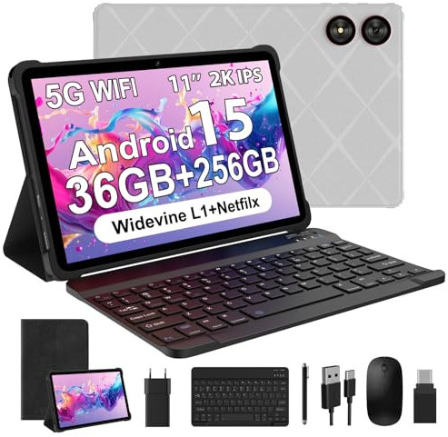 WOREGOO 11 Pollici Android 15 Tablet, 5G WiFi, Tablet in Offerta 2.0GHz Octa-Core, 36GB RAM+256GB ROM (1TB TF), Display 2000x1200 FHD, Widevine L1/8+13MP/8000mAh/GMS/GPS, con Tastiera+Mouse (Grigio)