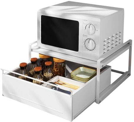 Soporte para microondas, estante extensible de 2 niveles para horno microondas, organizador de almacenamiento ajustable con cajón, estante versátil para encimera para condimentos y almacenamiento de