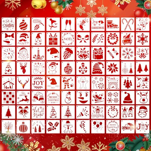 80 Stück Schablone Weihnachten Set, Wefaly Malschablonen Kinder Schablonenfolie Wiederverwendbar Hohl Spray Kunststoff für DIY Weihnachtsdekoration Boden Scrapbooking Textilgestaltung (7.6x7.6cm)