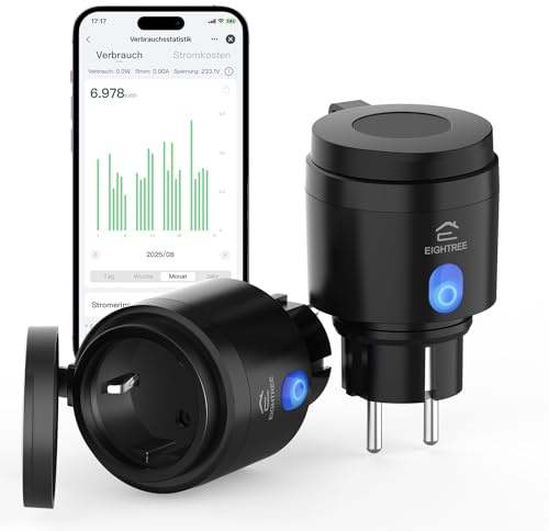 EIGHTREE Prise Wi-Fi d'extérieur - Minuterie d'extérieur - Avec mesure du courant IP44 - Étanche - Avec minuterie, télécommande et commande vocale - Compatible avec Alexa et Google Home