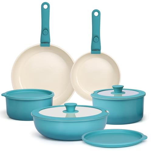 GiPP Pots and Pans Set Non Stick,11PCS Granite Nonstick Cookware Sets with Detachable Handle,Induction Kitchen Set Removable Handle,RV Cookware Set,PFAS PFOA Free,Oven Safe(Blue Gradient,11PCS)