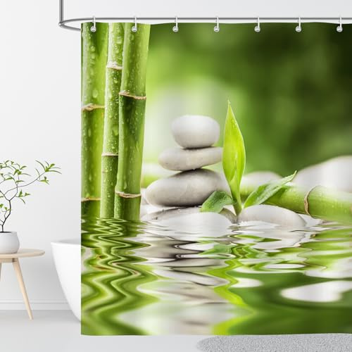 OCEUMACO Duschvorhang 120x200 Anti Schimmel Wasserdicht Textil Shower Curtains Grün Bambus Steine Zen Motiv Duschvorhänge Badewanne Waschbar Stoff aus Polyester Bad Vorhang mit Haken