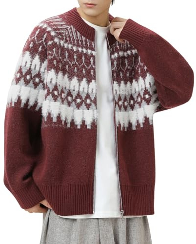 Generisch Suéter con cremallera para hombre, cárdigan noruego, suéter de lana islandés, estampado de Islandia, suéter de textura, cárdigan de lana, suéter ligero de invierno suelto, rojo ladrillo, XL