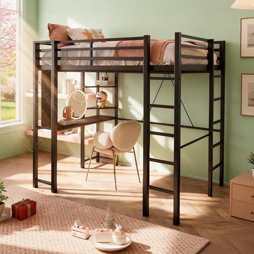 SUNLEI Full Size Metal Loft Bed Frame with Desk, Loft Bed with 2 Built-in Ladders & Safety Guard, Noise Free for Small Bedroom, Dorm, Kids and Adults Classic, Black