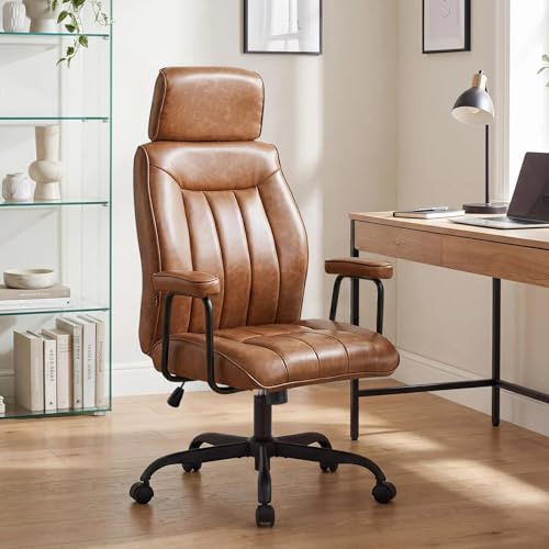 Ckaff Bürostuhl Ergonomisch, Schreibtischstuhl mit Verstellbarer Kopfstütze, PU Leder Chefsessel mit Gepolsterter Armlehnen und Höhenverstellbar, Neigefunktion, Drehstuhl Mit Rollen, Braun