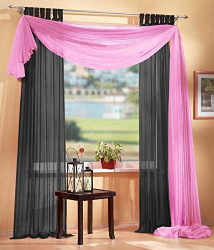 Gardinen Set, 2 x Schlaufenschal Voile, transparent, 245x140, Schwarz, 1 x Voile Querbehang, Freihanddeko, 140x600, Rosa, 61000560