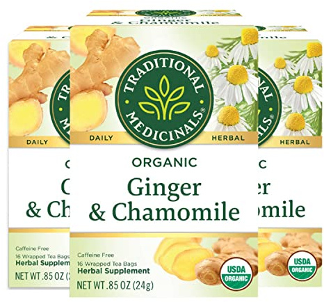 Traditional Medicinals Organic Ginger & Chamomile Herbal Tea, Relieves Occasional Indigestion or Nausea, (Pack of 3) - 48 Tea Bags Total