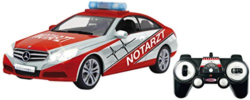 JAMARA 405130 Mercedes E350 Coupe 1:16 Notarzt weiß/rot 2,4G - Rc Ferngesteuertes Auto Spielzeug,Deutsche Sirene, Blaulicht, Alarmanlage,Bremston,Hupe,Zusperrton,Blinker,4 Geschwindigkeiten,5-10Km/h