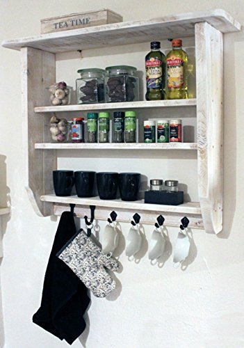 Scaffale da cucina per spezie e utensili in legno massiccio vintage già montato (bianco)