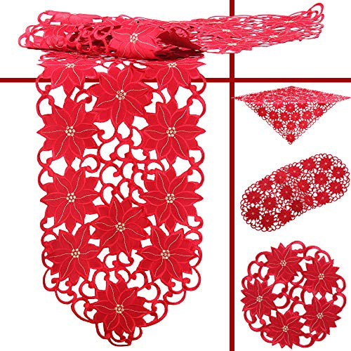 Quinnyshop Weihnachtsstern Poinsettie Winter Stickerei Tischdecke Mitteldecke ca. 60 cm Rund Polyester, Rot