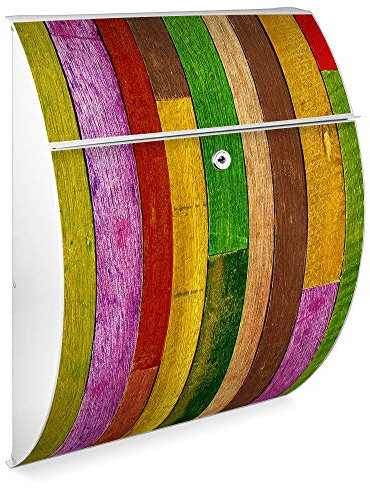 banjado Design Briefkasten - Modell Riviera 46x33,5x13cm groß - verzinkter Stahl weiß - Postkasten Öffnungsstopp großer A4 Einwurf Zylinderschloss 2 Schlüssel - Motiv Holz Collage Bunt
