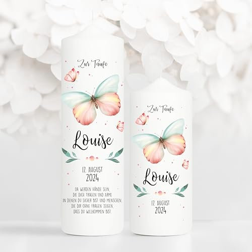 Wandtattoo Loft cierge de baptême pour garçon ou fille - rose et papillon blanc - Bougie blanche pour baptême, naissance, communion - 25 x 7 cm - Avec nom, date sans texte