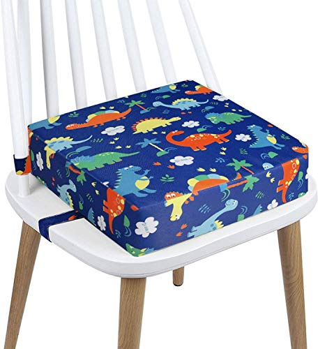 Kinder-Sitzerhöhung für Esszimmerstuhl, waschbar, 4 Gurte, Befestigung am Stuhl, Babytisch, tragbar, Reisekissen, blauer Dinosaurier