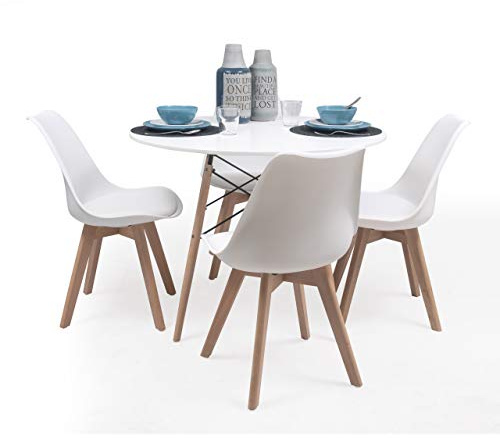 Homely - Conjunto de Comedor Tower 100 Day Mesa Redonda de 100 cm y 4 sillas Day (Blanco)