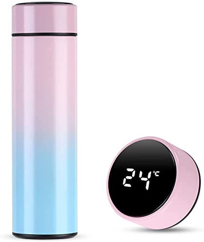Flintronic Thermosflasche, 500ml Vakuum Isolierbecher Trinkflasche aus 304 Edelstahl, Wasserflasche mit LED-Touchscreen Temperaturanzeige, Edelstahl Trinkflasche Auslaufsicher, BPA-Frei